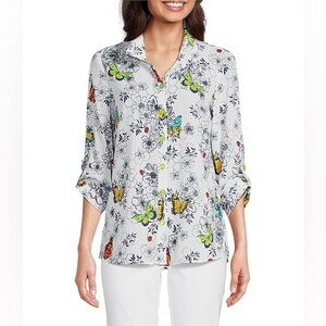 Ali Miles Printed Burnout Wire Collar 3/4 Roll-Tab‎ Sleeve Button-Front Tunic XL